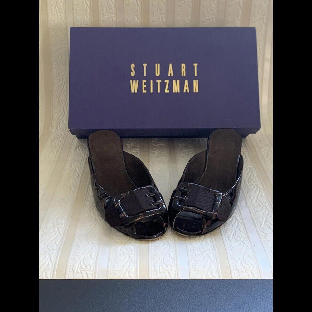 Stuart Weitzman Maxi Gator Shoes Womens Size 6 Brown Croc Patent Leather Slip On